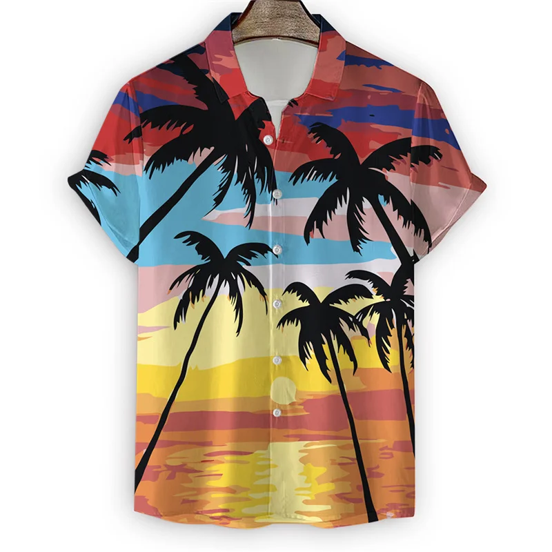 Hawaiian Palm Trees Shirt For Men Summer Beach Vacation 3d Print T Shirts Short Sleeve Tops Cool Street Button Lapel Blouse