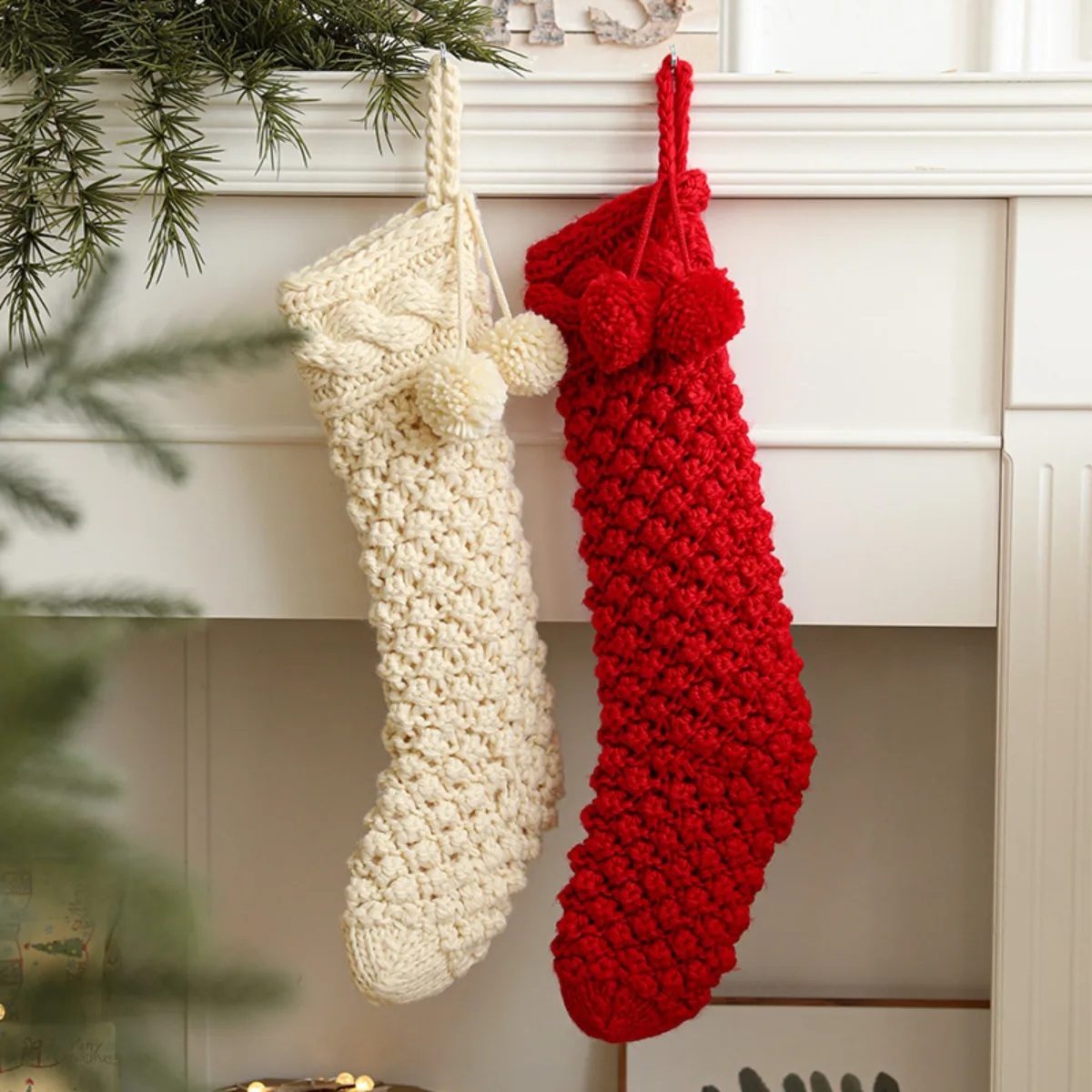 

Knitted Christmas Stocking 18" Large Size Cable Knit Christmas Stockings Burgundy Xmas Stocking for Family Holiday Season Decor