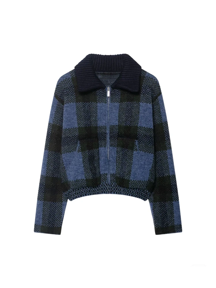 

Woman's Fashion Plaid Knit Bomber Jacket Lapel Collar Long Sleeves Zip Closur Check Knit Jacket Autumn New Female Chic Outfit