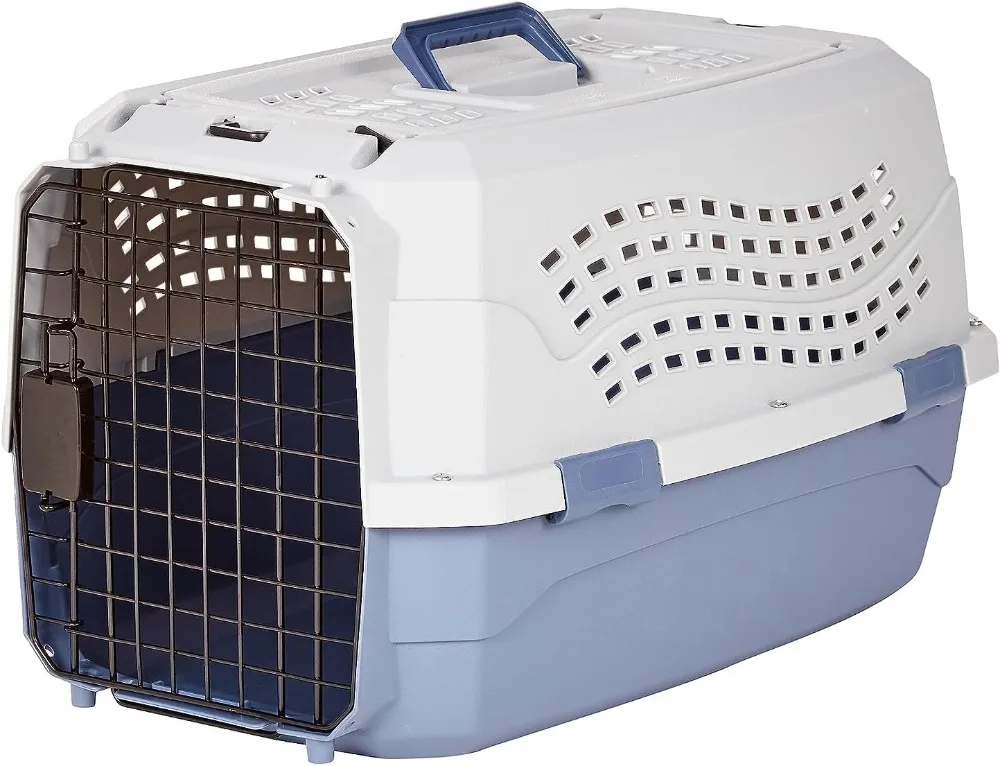 Basics Portador de viaje para perros y gatos con carga superior de 2 puertas y lados duros, gris y azul