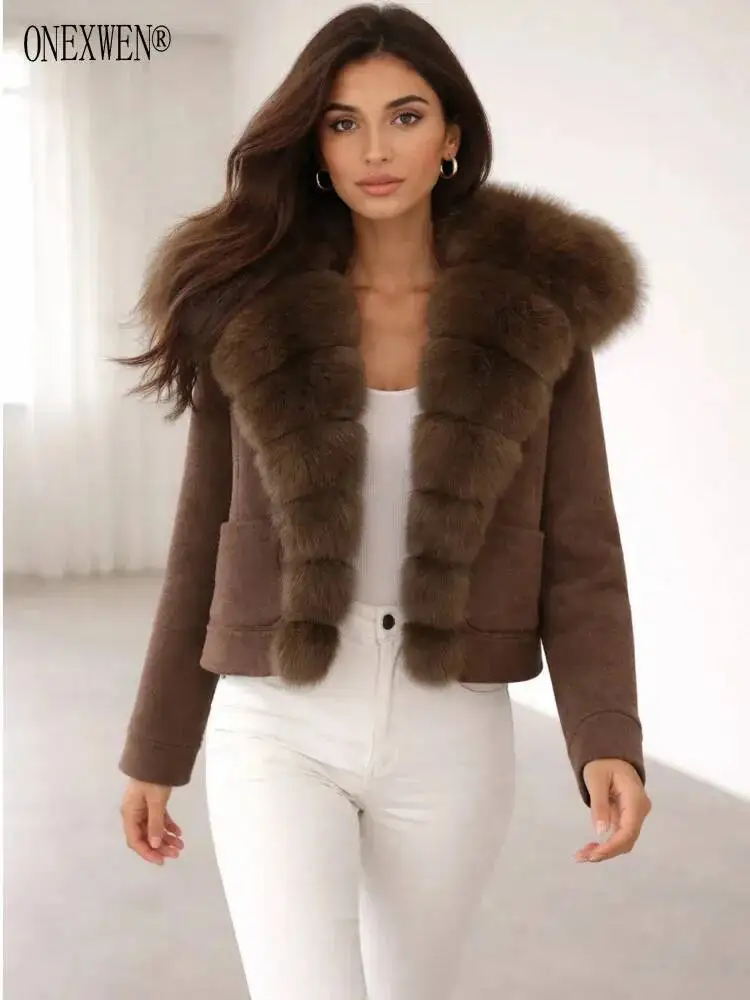 ONEXWEN Women's Brown Wool Blend Short Coat With Oversized Fur Collar And Trim Open Front 2026 Winter Jacket ZM5416