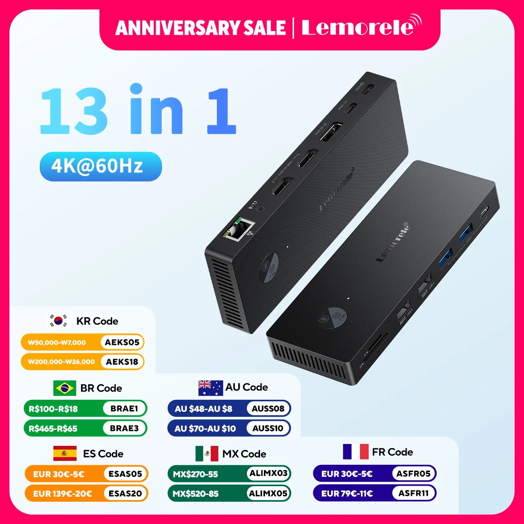 

Lemorele 13 in 1 USB HUB HDMI DP 4K@60Hz Adapter RJ45 10Gbps Splitter Type C HUB 3.0 PD 100W Charger Docking Station for Laptop