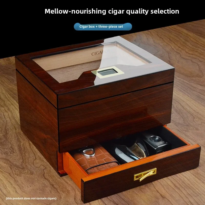 Household banquet cigar box wooden flip transparent North American cedar box cigar leather case scissors cigar set