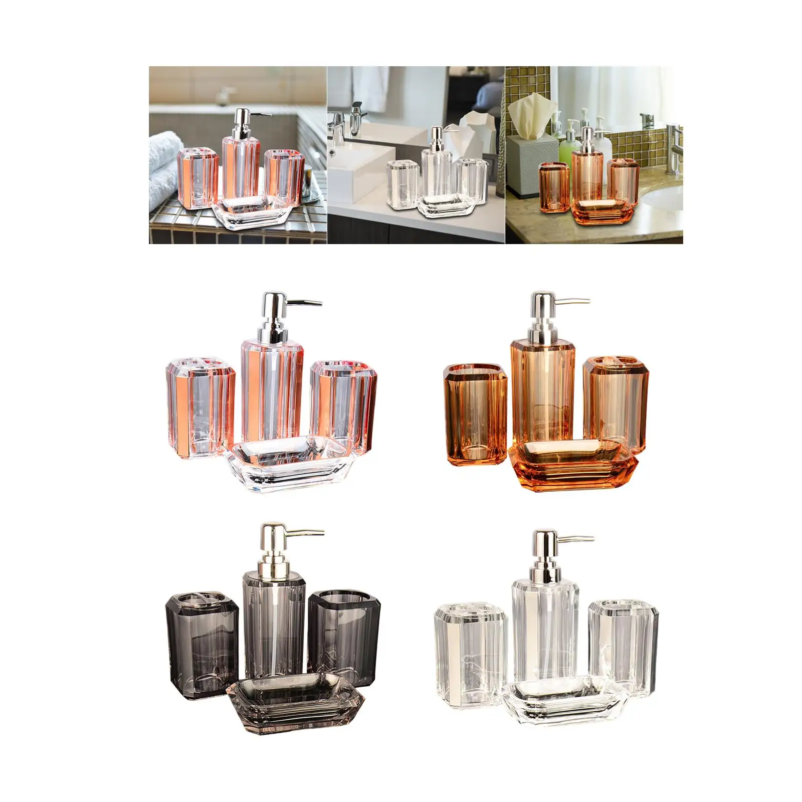 4Pcs Bathroom Accessories Vanity Accessory Set Transparent Lotion Bottle Soap Dispenser Toothbrush Holder Soap Dish Decor