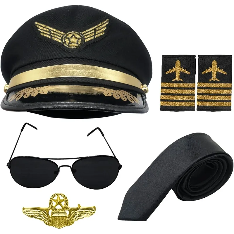 Ensemble d'accessoires de Costume de pilote, Kit de Costume de capitaine de pilote de compagnie aérienne avec lunettes de soleil d'aviateur, ensemble d'accessoires de déguisement