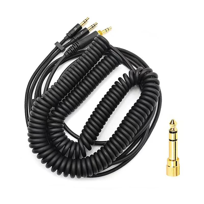 Coiled Spring Audio Cable Dual 3.5mm Male to 6.35mm Plug Replacement Wire for Over-Ear Studio Headphones Nylon Braided Black