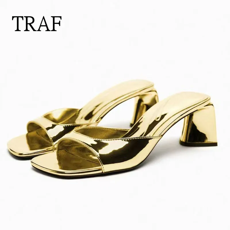 

TRAF 2023 Women's Sandals Summer Fashion Gold Chunky Sandals Shoes For Women Squared Toe Elegant Heeled Shoes Ladies Slippers