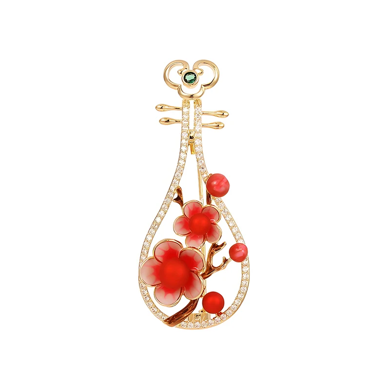 Real Gold Plated Pipa Brooch Pin Enamel Plum Blossom Hollow Technique Zircon Gourd Musical Instrument Chinese Lute Design Brooch