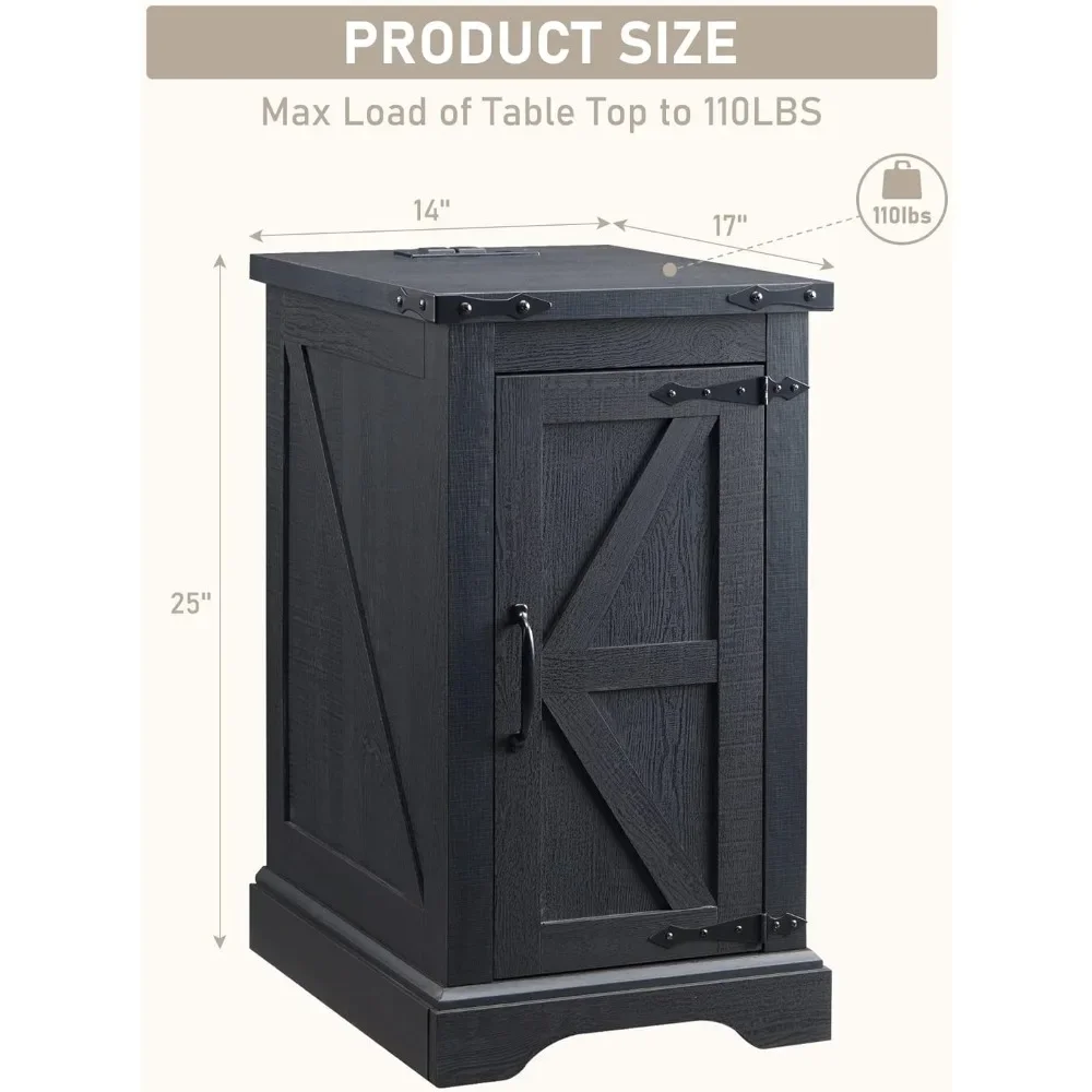 充電ステーション付きナイトスタンド、納屋ドアと調節可能な収納棚付き長方形ファームハウスエンドテーブル