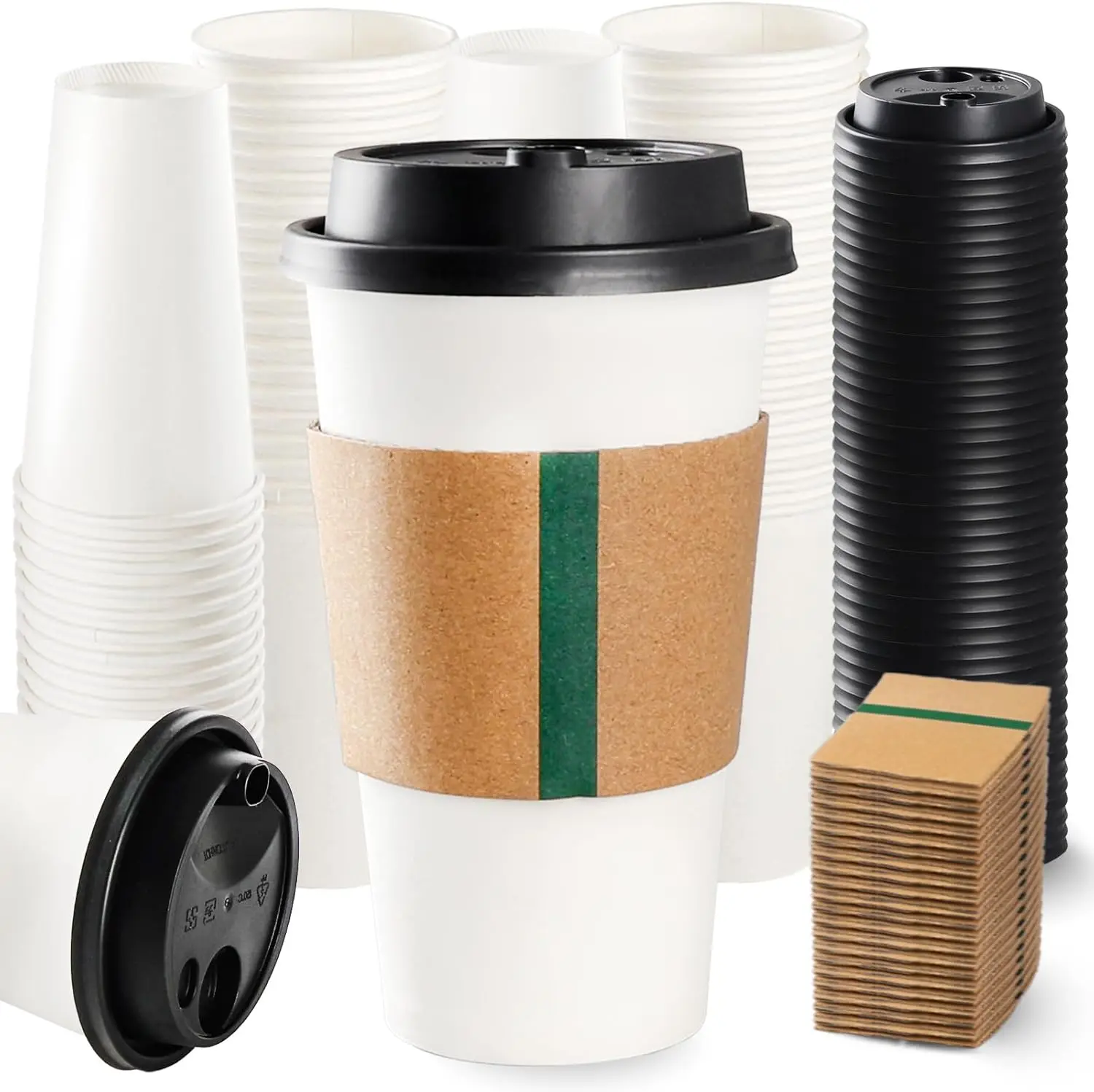 

60 Pack 20oz Extra Thick Disposable Coffee Cups with Lids & Sleeves - Sturdy and Insulated To Go Paper Cups for Hot/Cold
