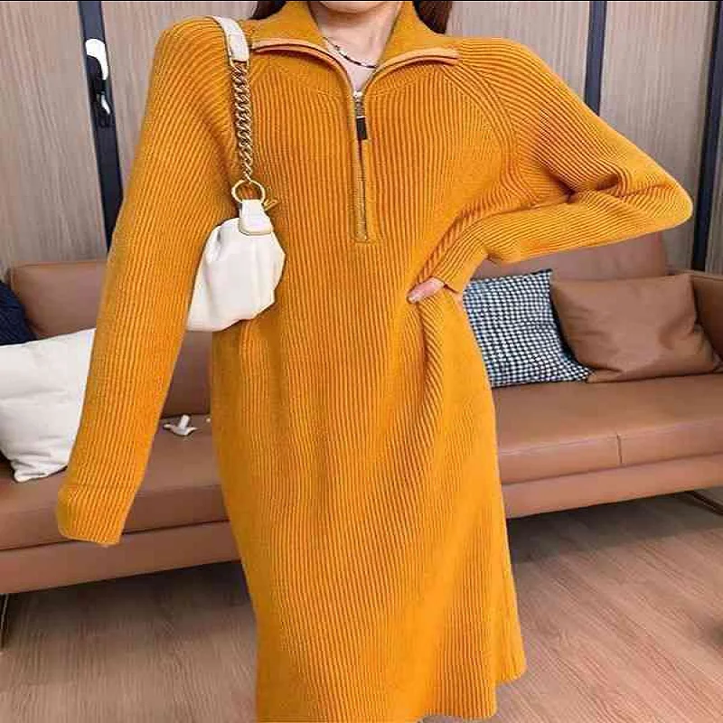 

Women'S Elegant Long Sleeve Lapel Knitted Fall Winter Over-The-Knee Sweater Dress with Zipper