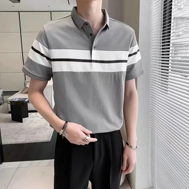 Fashion Printed Spliced Button Striped Polo Shirts Men's Clothing 2025 Summer New Oversized Casual Pullovers Korean T-Shirt