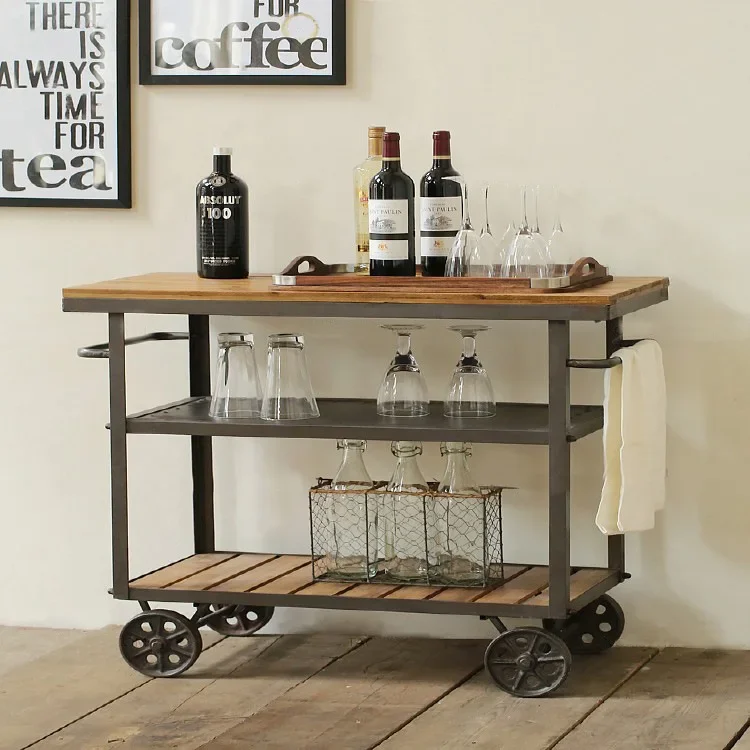 

Retro wrought iron wine trolley creative mobile small dining cart solid wood mobile dining hotel trolley