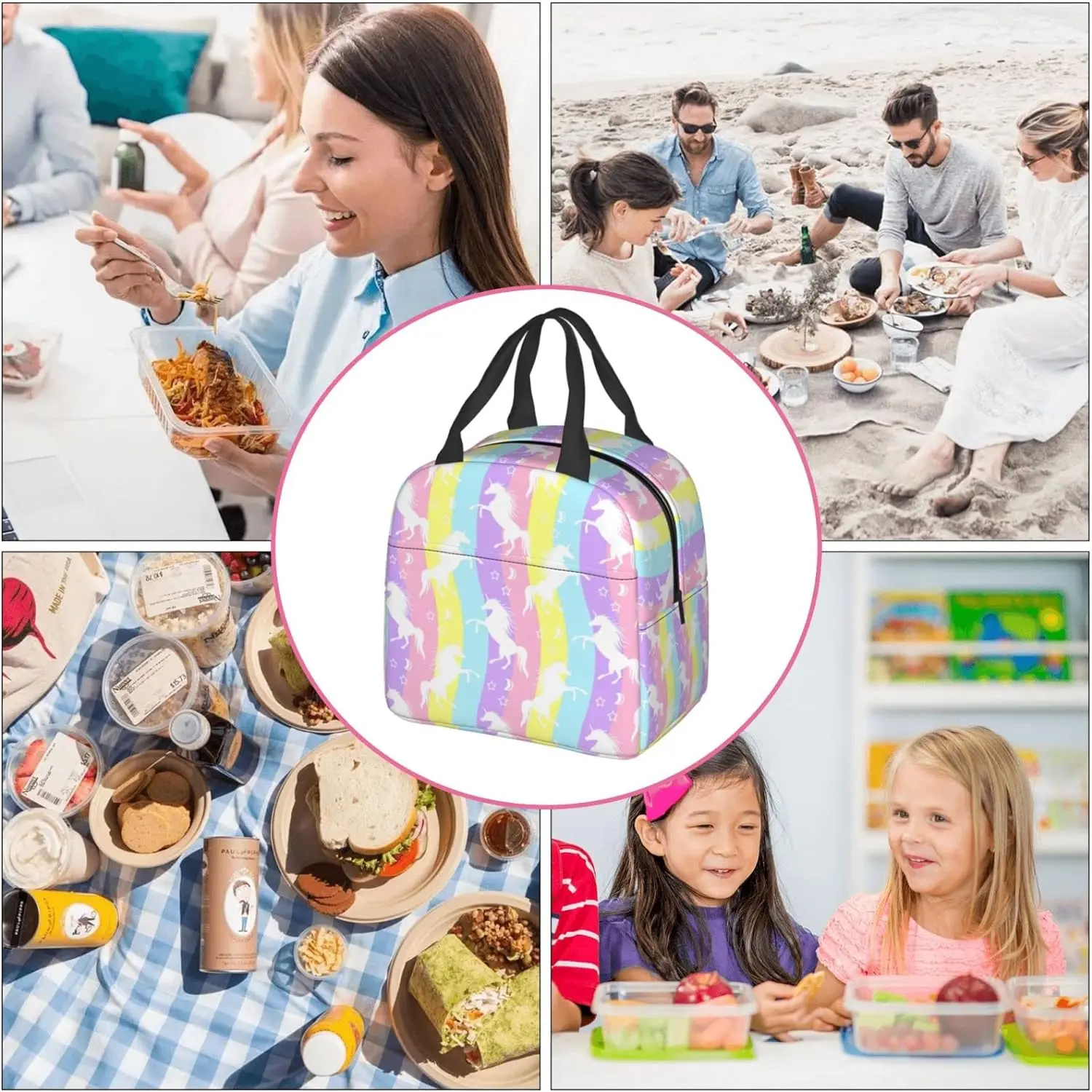 Bolsa de almuerzo de unicornio arcoíris para niños, niñas y mujeres, caja de Picnic térmica lavable, reutilizable, colorida para el trabajo de oficina escolar