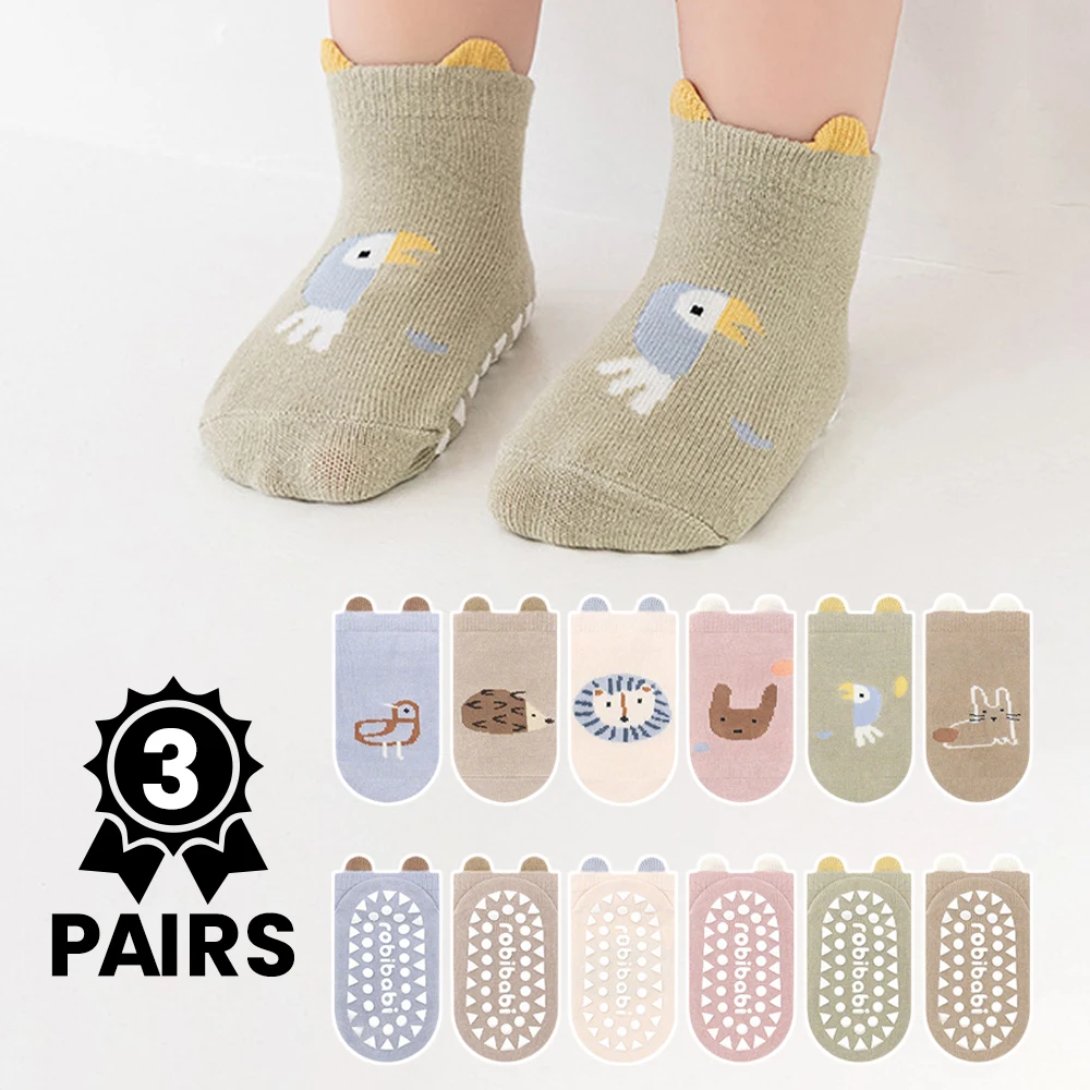 3 Paar Babysocken mit Cartoon-Tiermuster, rutschfeste, klebstoffbeschichtete Kindersocken für den Gebrauch auf dem Boden