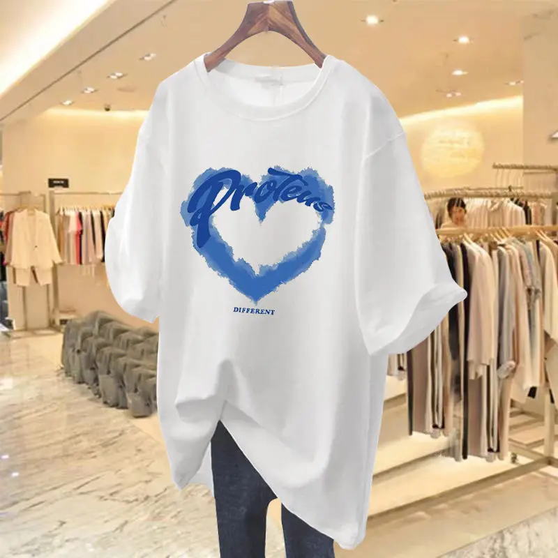 

Women Clothing Short Sleeve O-neck T-shirt 100 Cotton Casual Loose Basics Pullovers Summer Chic Love Printed Top Tee Shirt