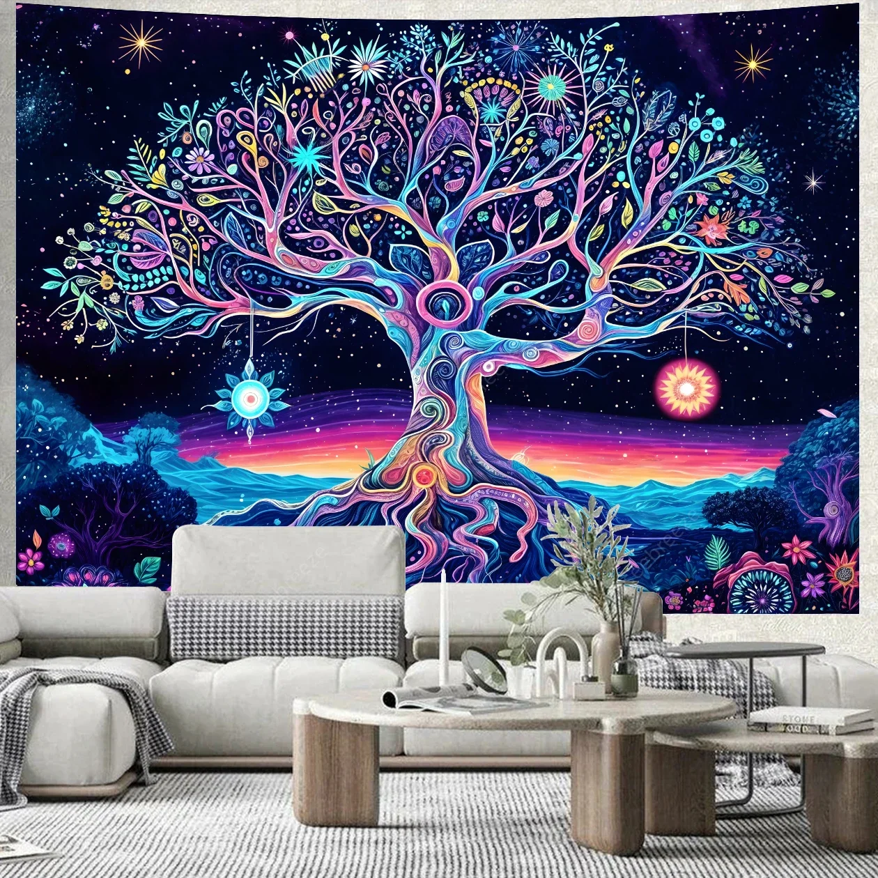 Tree of Life UV Reactive Tapestry Starry Night Tapestry Wall Hanging Room Decor Aesthetic Hippie Home Wall Decor Gift for Friend