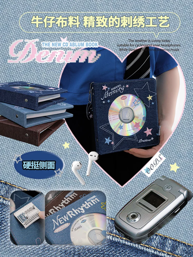 Premium Denim Journal - Thick Lined Notebook with Card Pockets, Photo Album & CD Holder Vibrant Colors, Refillable Binder System