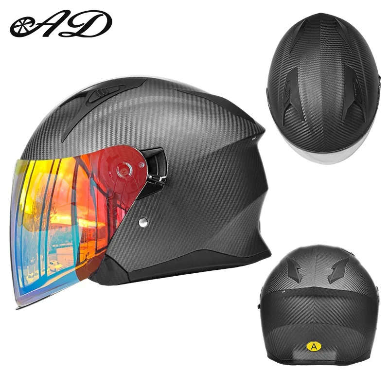AD Motorcycle Helmet Three-quarters Carbon Fiber Half Helmet Pedal Cruise Motorcycle Riding Winter Helmet in All Seasons