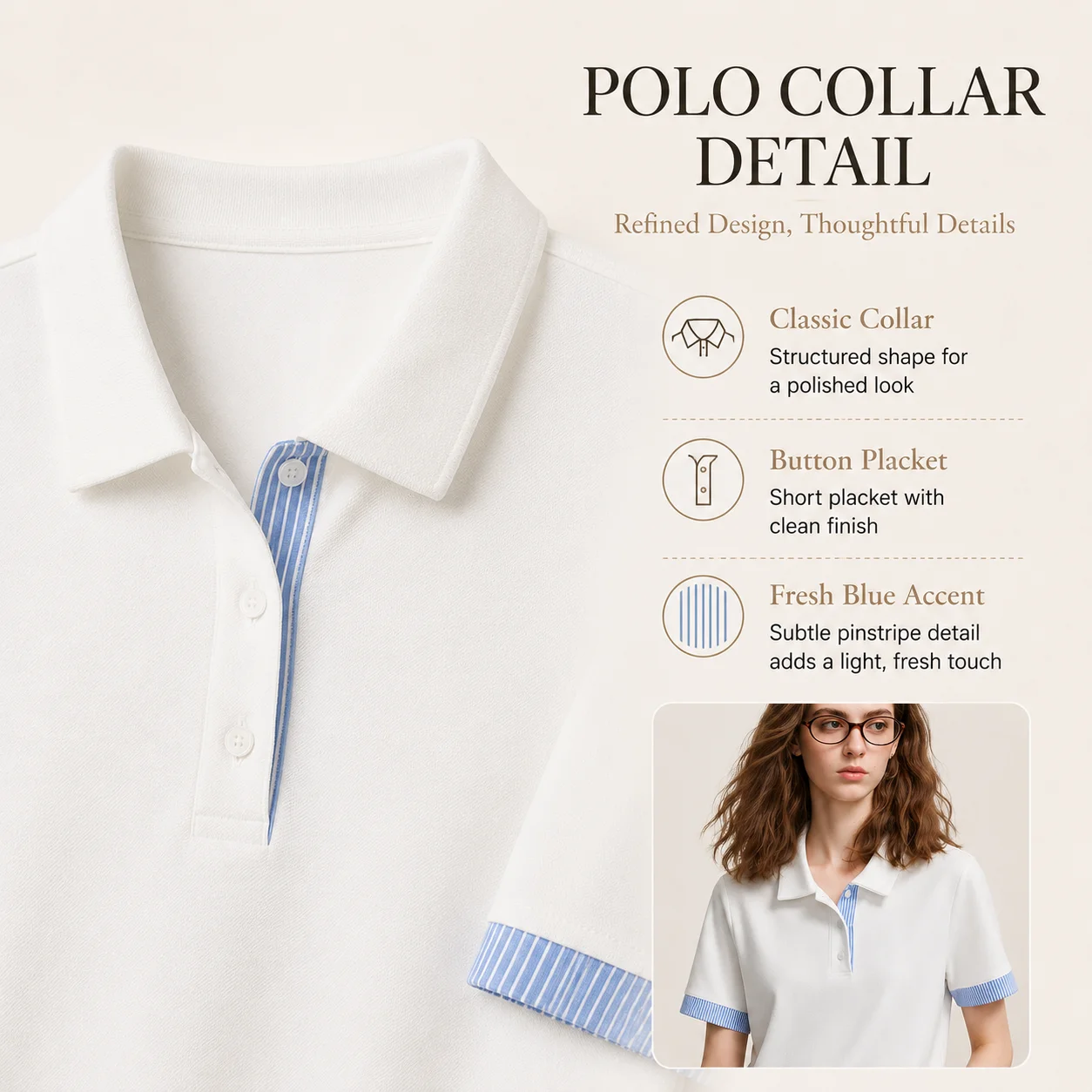 Women White Polo Shirt Summer Short Sleeve Cotton Blend Top Contrast Striped Cuff Button Casual Office Tee