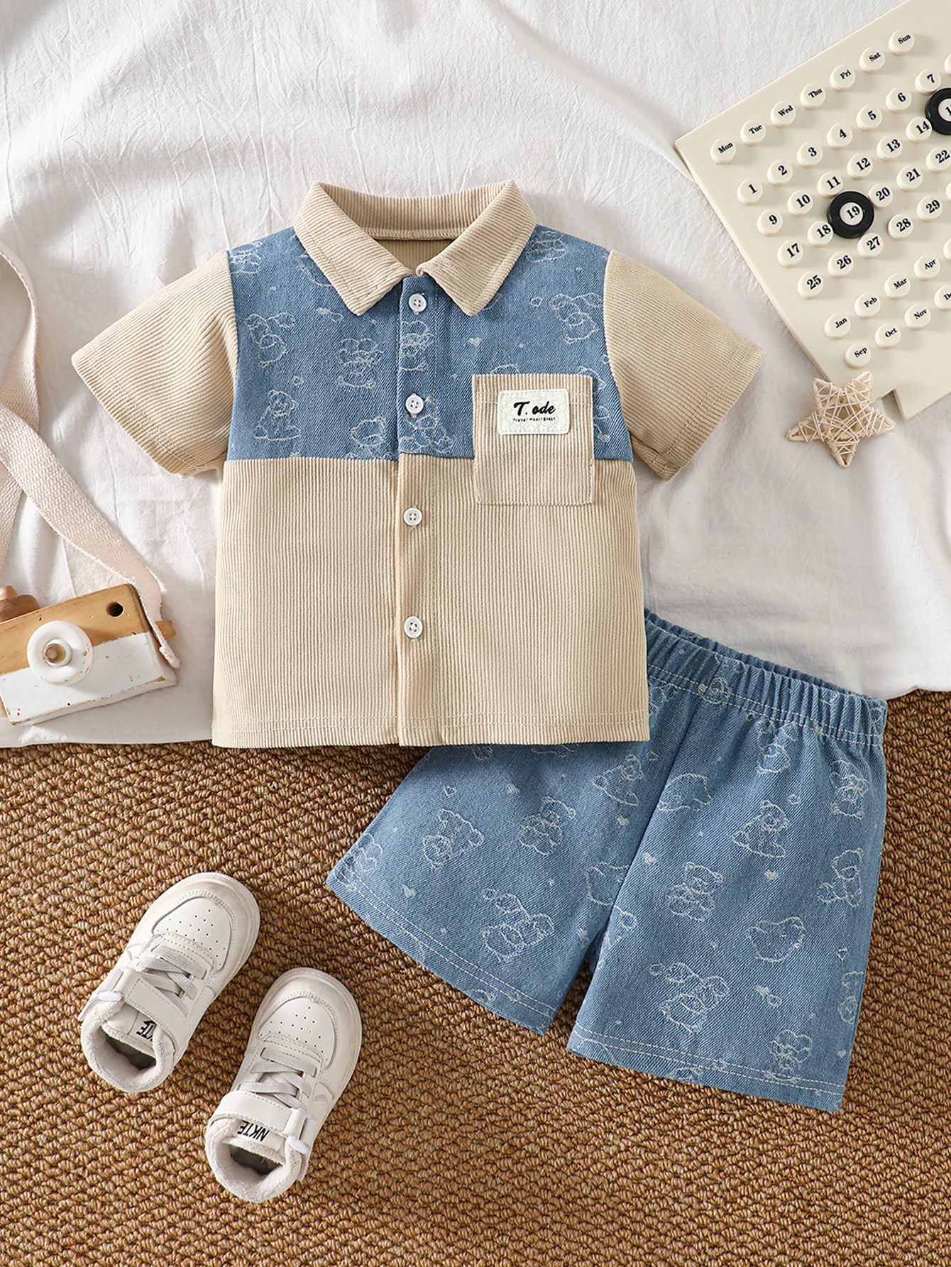 IURNXB Baby Gentleman Suits Cartoon Color Block Toddler Boy 2Pcs Outfits Short Sleeve Shirt+Denim Shorts Infant Clothes Set 1-3Y