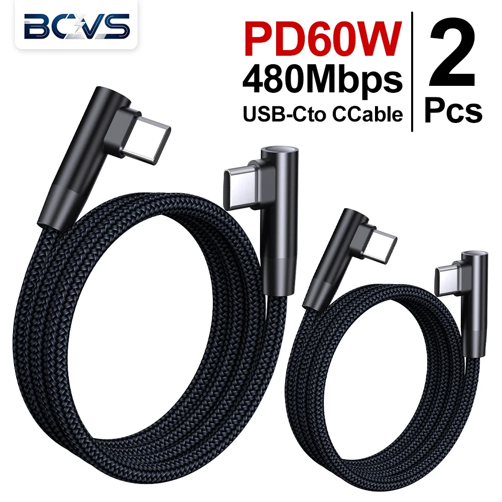 BCVS 2 Pack 60W USB-C to USB-C Fast Charging Cable 90 Degree Angled Cord for iPhone 16 15 S24 S23 iPad MacBook Pixel