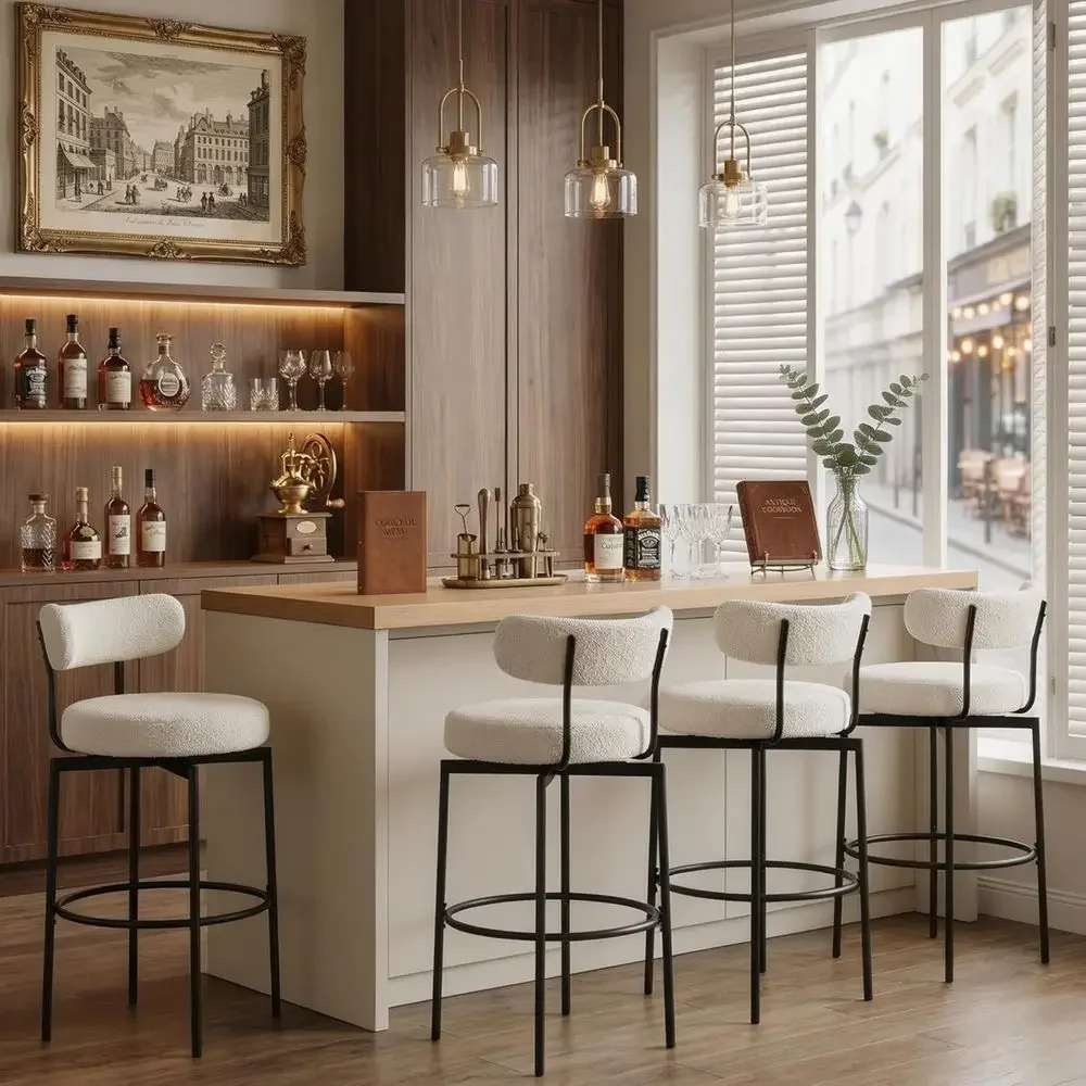 

Set of 4 Counter Height Bar Stools with Backrest and Metal Legs, White Sherpa Fabric Kitchen Island Chairs with Footrest