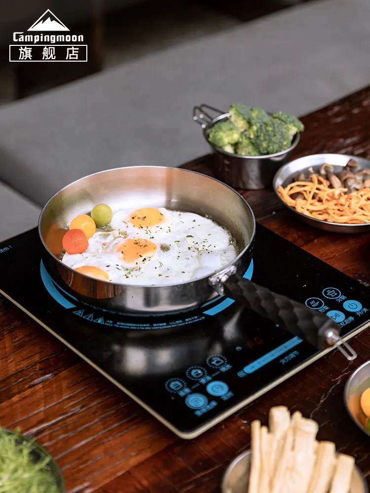 

campingmoon Stainless Frying Pan with Removable Handle Outdoor Uncoated Frying Pan Induction Cooker Universal Frying Pan CC-19