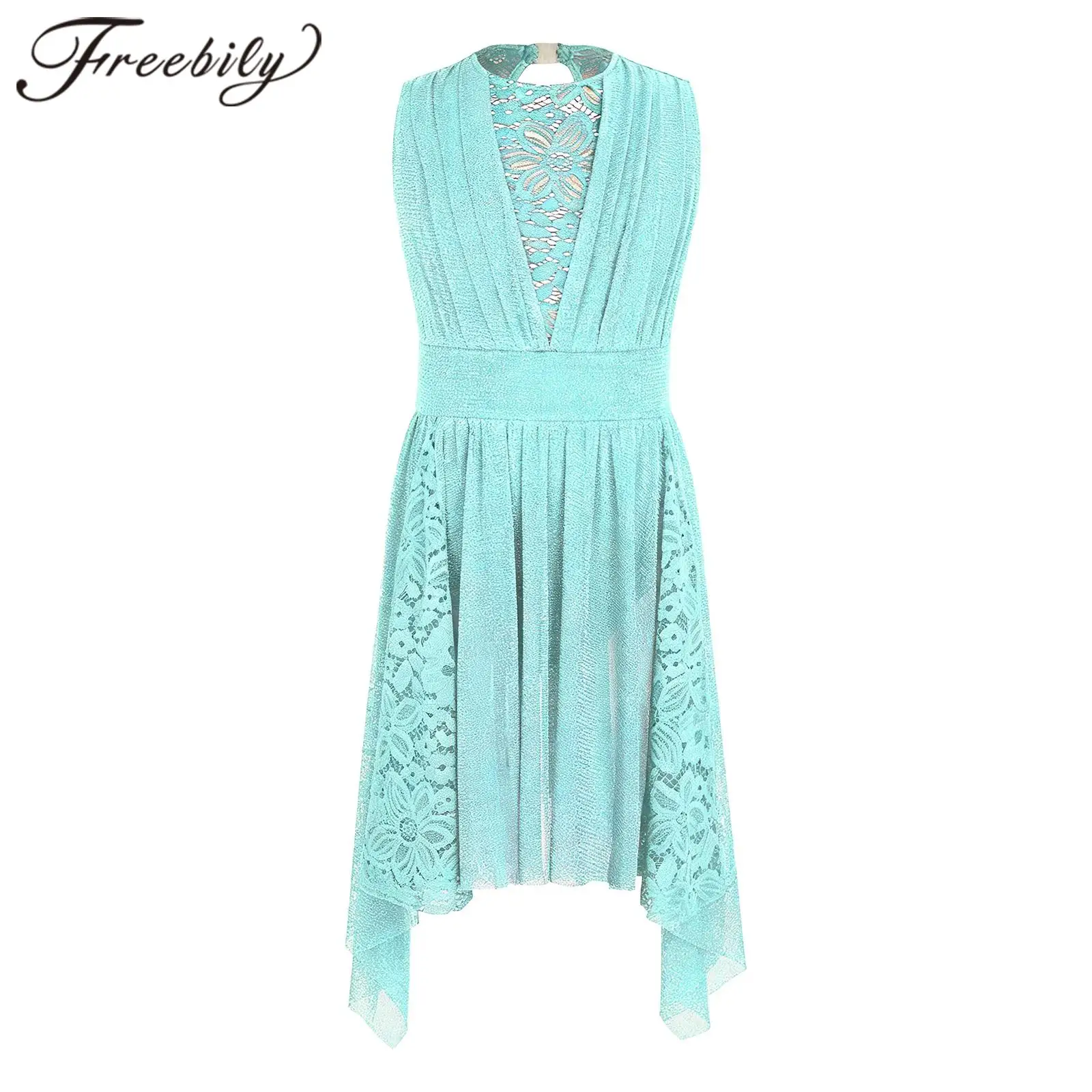 Kids Girls Lyrical Dance Costume Floral Lace Dancewear Ballroom Skating Dress Sleeveless Mesh Ballet Dress for Stage Performance