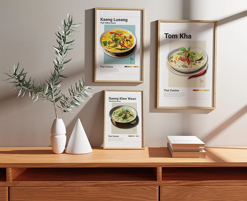Minimalist Thai Food Poster Caramelised Bananas Green Curry Mango Sticky Rice Canvas Painting Wall Art Picture Kitchen Home Deco
