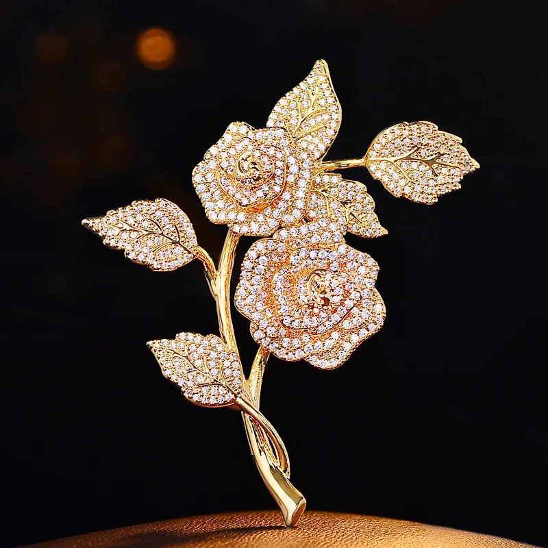 Chinese Style Auspicious Lucky Double Rose Branch Brooch Micro Paved Zircon Lapel Pin For Coat Jacket Commute Gift Gold Silver