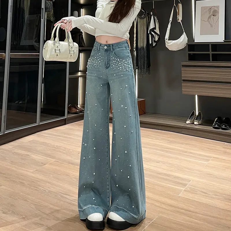 

Stylish Beading Rhinestone Wide Leg Jeans for Women Spring New High Waist Loose Straight Pants Casual Versatile Denim Trousers