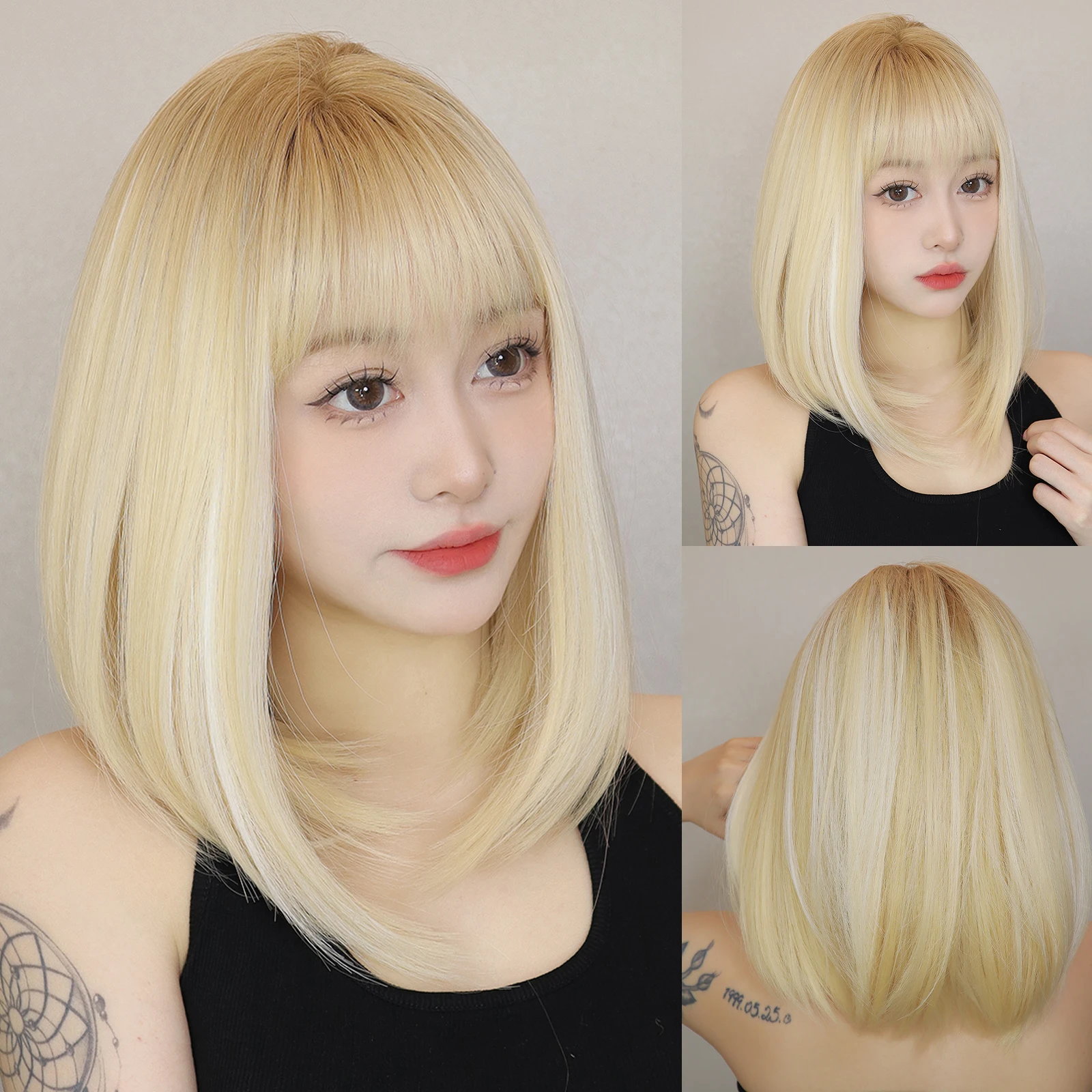 

Коричневый блондин, прямой парик с омбре и челкой, короткий синтетический парик Лолиты для женщин, натуральный повседневный косплей, термостойкий