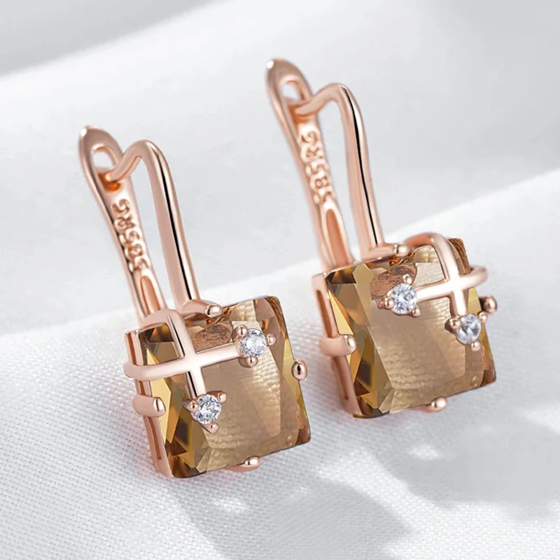 Wbmqda Quadratische braune Naturstein-Tropfenohrringe für Frauen, 585er Roségold, einzigartige Schmuckgeschenke