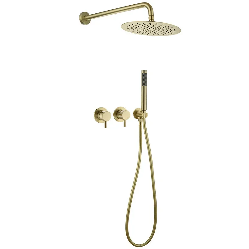 Brushed Gold Brass Bathroom Shower Faucet Valve Faucet Set With Round Shower Head Grey/Black Bathroom Wall Shower Kit