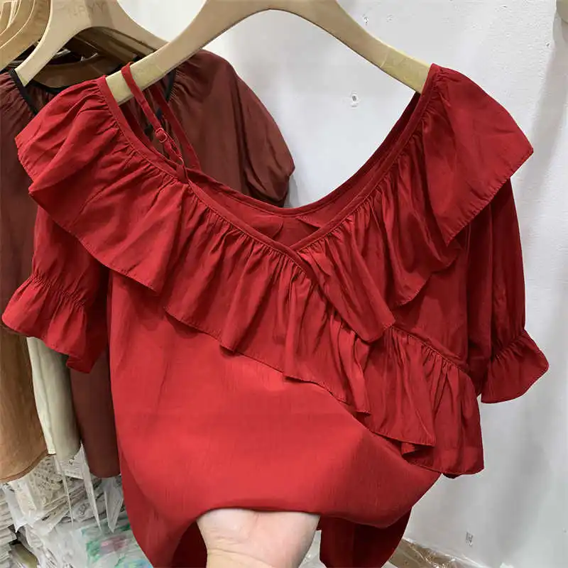 Estilo francês senhoras mangas curtas verão solto decote em v mangas de folha de lótus topo cor sólida casual deslocamento halter