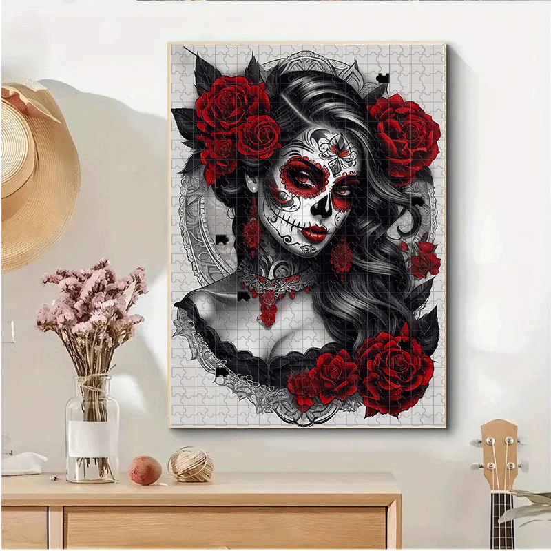 500ピース/1000ピース ゴシックロングヘア＆ローズスカルの女性ジグソーパズル 大人に最適 - 頭脳に挑戦、誕生日/ホリデーに最適