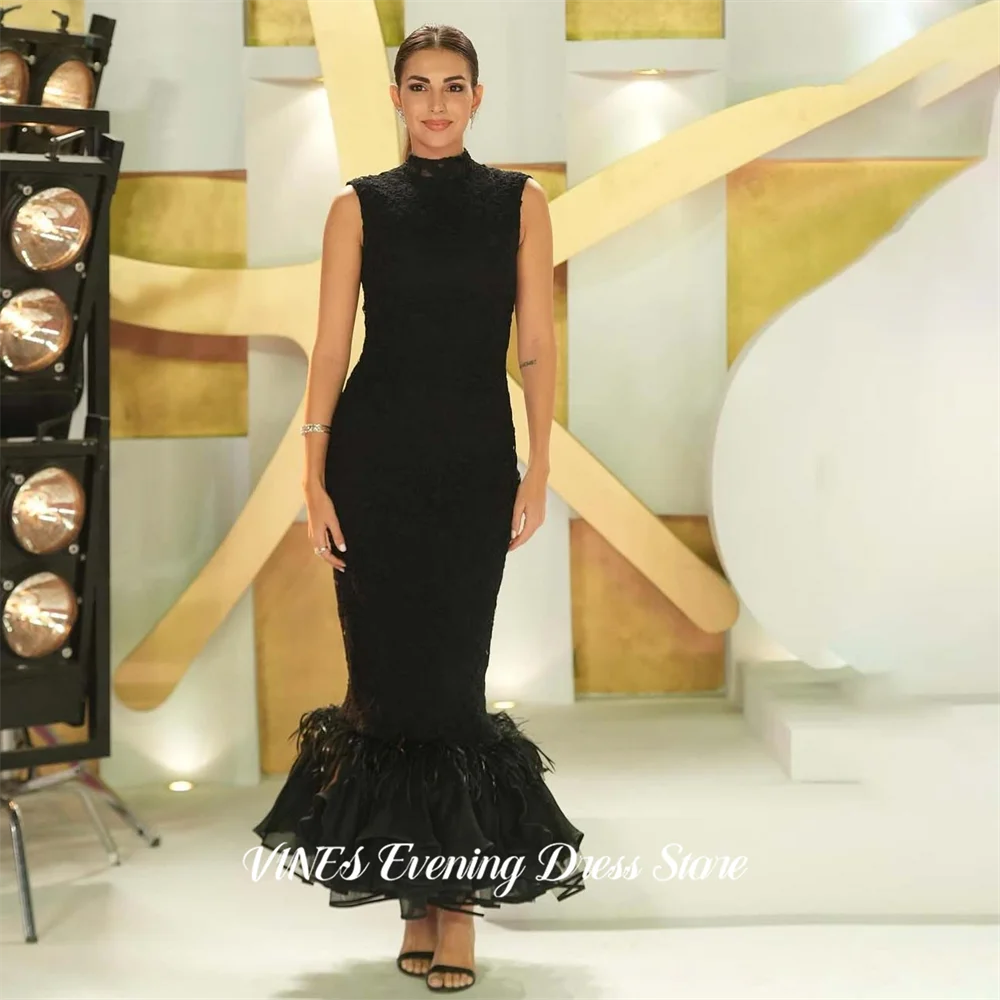

VINES Black Mermaid Formal Gown High Neck Sleeveless Prom Dresses Feather Trim Evening Dress Ruffle Hem Modern Style Customized