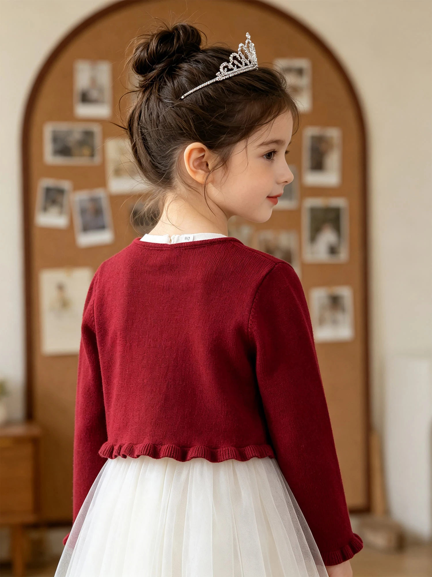 Kids Girls Ruffle Knitted Cardigan  for Holiday Birthday Party Family Gathering Round Neck One-button Jacket Bolero Sweater Tops