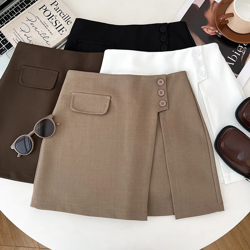 Women Khaki A-Line Skirt Y2K Gyaru Skirts Vintage Elegant Casual Korean Style Split High Waist Mini Skirt for Women Summer 2026