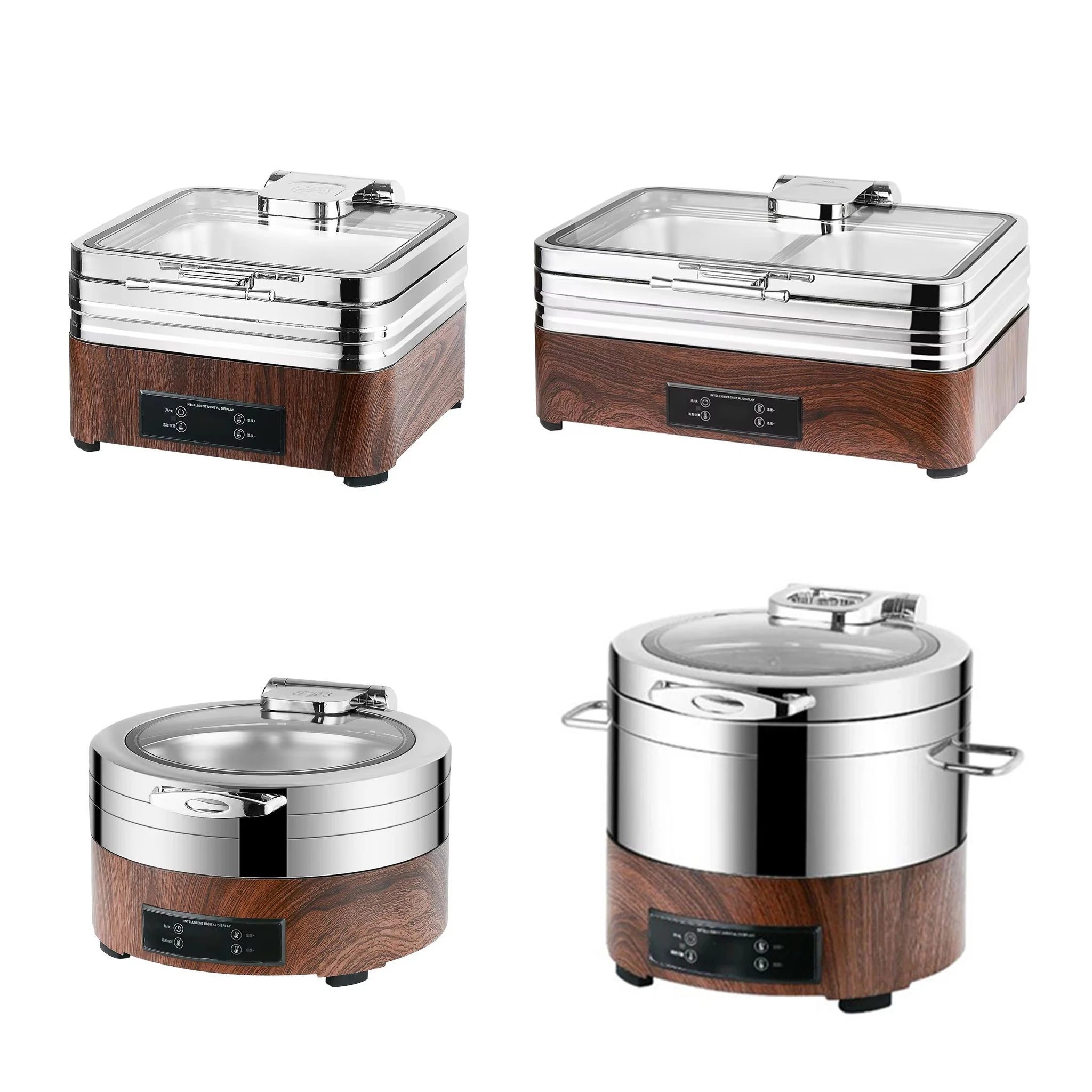 Wood Grain Base 304 Stainless Steel Bain Marie Electric Food Warmer Buffet Stove Chaffing Dish With Hydraulic Cover For Canteen