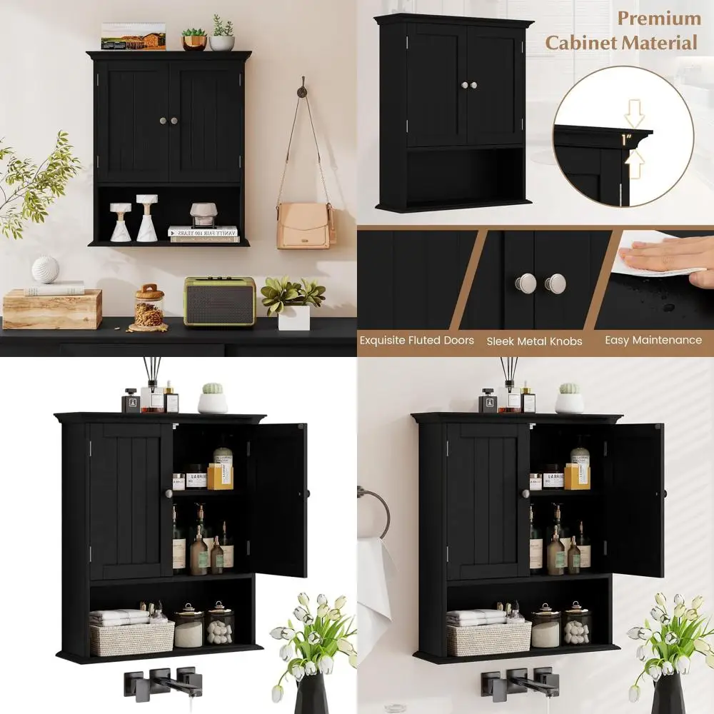 

Space-Saving Toilet Storage Cabinet, 2-Door Wooden Cabinet with Adjustable Shelves, Black, for Bathroom, Kitchen, Living & Laund