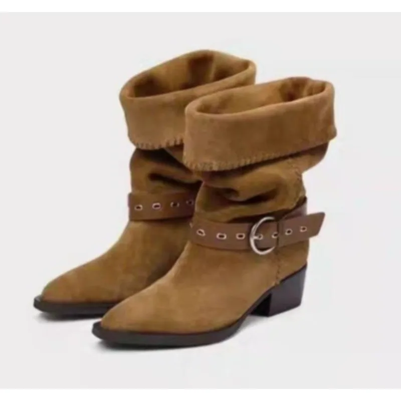 

Новый стиль, винтажные женские осенние винтажные замшевые ковбойские сапоги в стиле вестерн с острым носком и металлической пряжкой на блочном каблуке, Zapatos Mujer