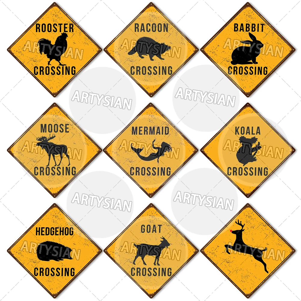 Livestock Traffic Safety Farm Metal Sign Crossing Plaque Goat Hedgehog Koala Mermaid Moose Pig Raccoon Rabbit Rooster Reindeer