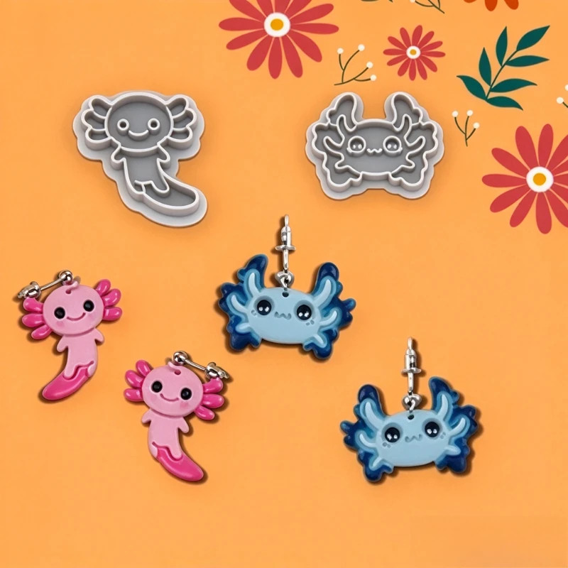2Pcs Clay Cutters Set Cute Salamander Star Moon Mushroom Embossing Mold for DIY Earrings Pendant Jewelry Making Clay Craft Tools
