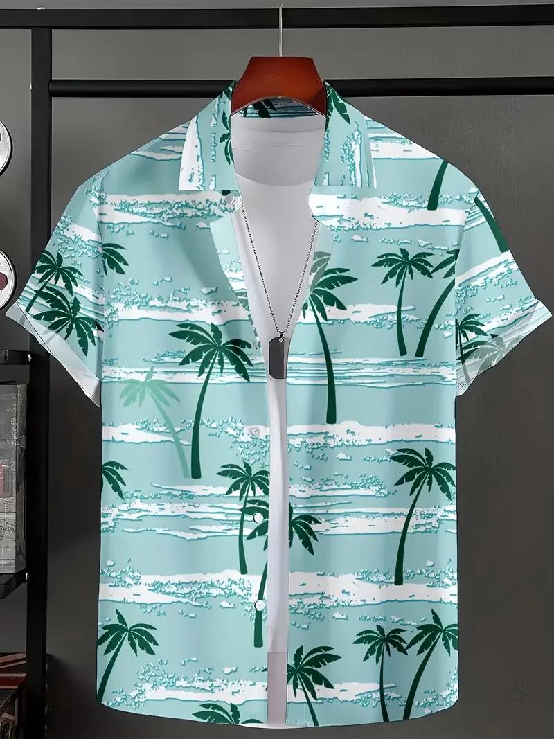 Men's Short Sleeve Button Grid Shirt Hawaiian Street Clothing Flower Short Sleeve Shirt Summer Fashion Flap Collar