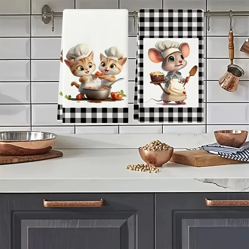 2 قطعة مناشف المطبخ |   تصميم الشيف كات آند ماوس منقوش |   40x60 سم |   فائقة الامتصاص لينة |   متعددة الاستخدام كمناشف الشاي/مناشف اليد