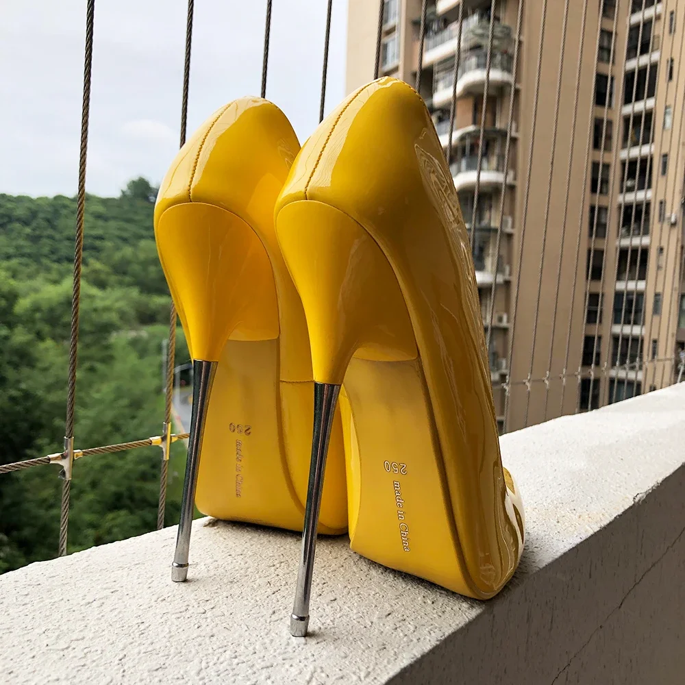 NEWLY 16cm Ultra High Metal Heels Sexy Pointy Toe Stilettos Pumps Women Yellow Slip On Night Club Fetish Stage Man Unisex Shoes