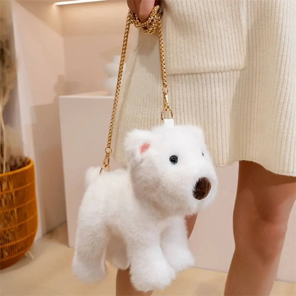 Liegendes West Highland Plüschtier mit Kette, echte Simulation von Akita-Hunden, Haustierpuppe, flauschige gefüllte Welpenpuppe für Kinder und Mädchen