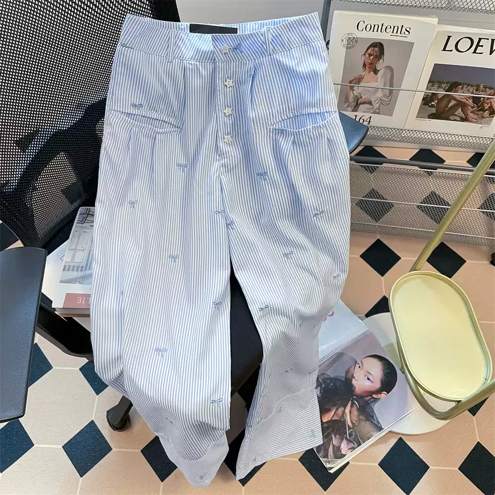 

Women's Striped Straight Casual Pant Korean Ins Embroidery Bow Button High Waist Wide Leg All-Match Ankle-Length Pants